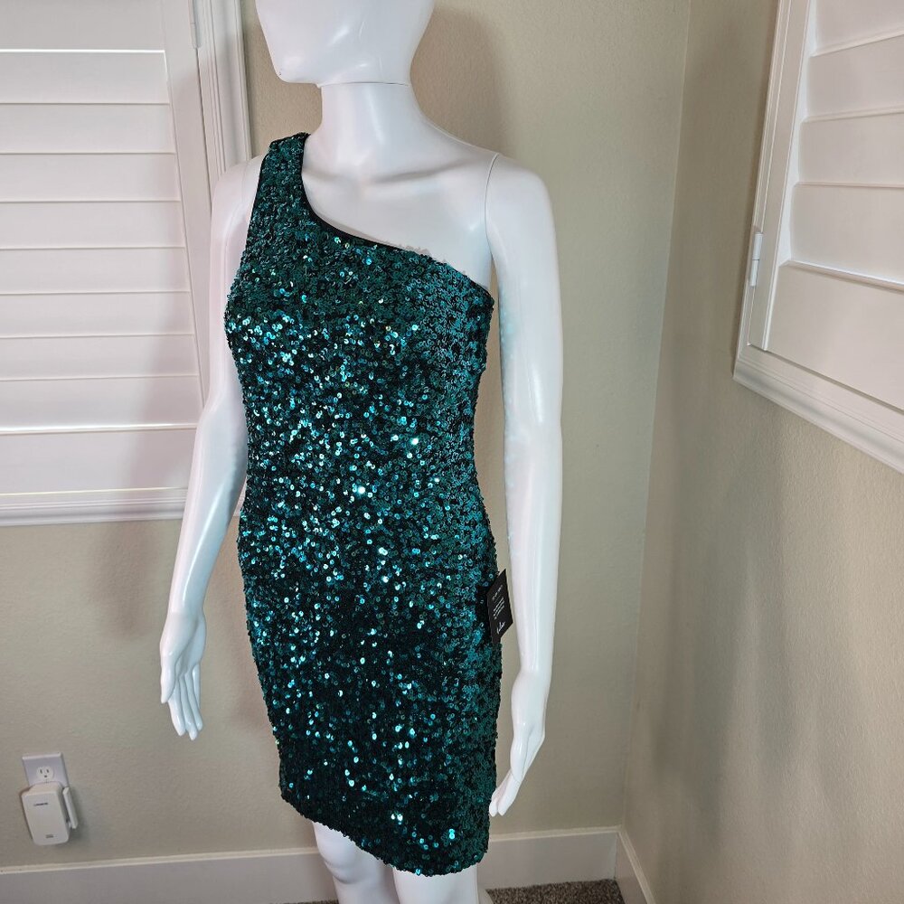 Lulu's Black Velvet Mini Dress with Green Sequins One Shoulder
